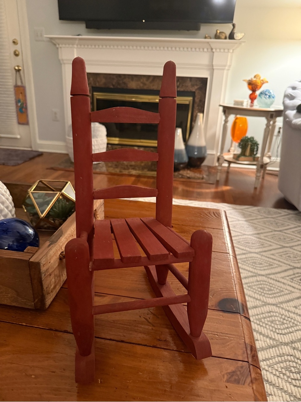 Primitive Red Wood Slatted Rocking Chair Folk Art     Doll Size Chair.  Vintage